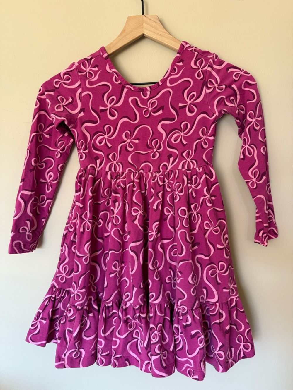 Hanna Andersson Purple-Pink Bow-Print Long Sleeve Skater Dress With Pockets